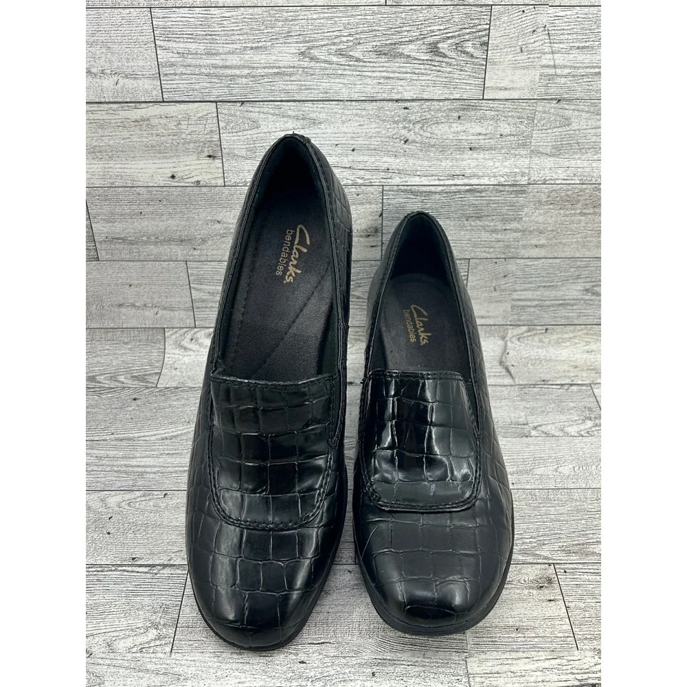 Clarks Bendables Black Croc Embossed Wedge Loafers‎ 67091 Women Size 9M